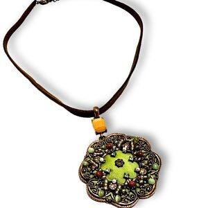HANDCRAFTED Pendant Cord Necklace Sage Green Bronze Metal With Accent Beads